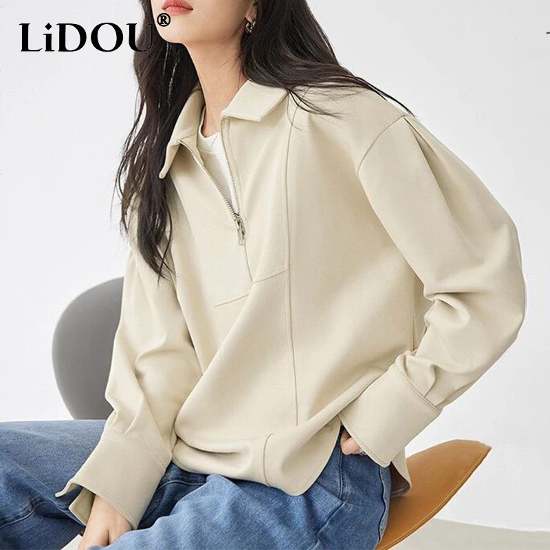 

Spring Autumn Polo-neck Loose Casual Patchwork Sweatshirt Ladies Solid Color Simple Fashion All-match Zipper Pullover Top Women