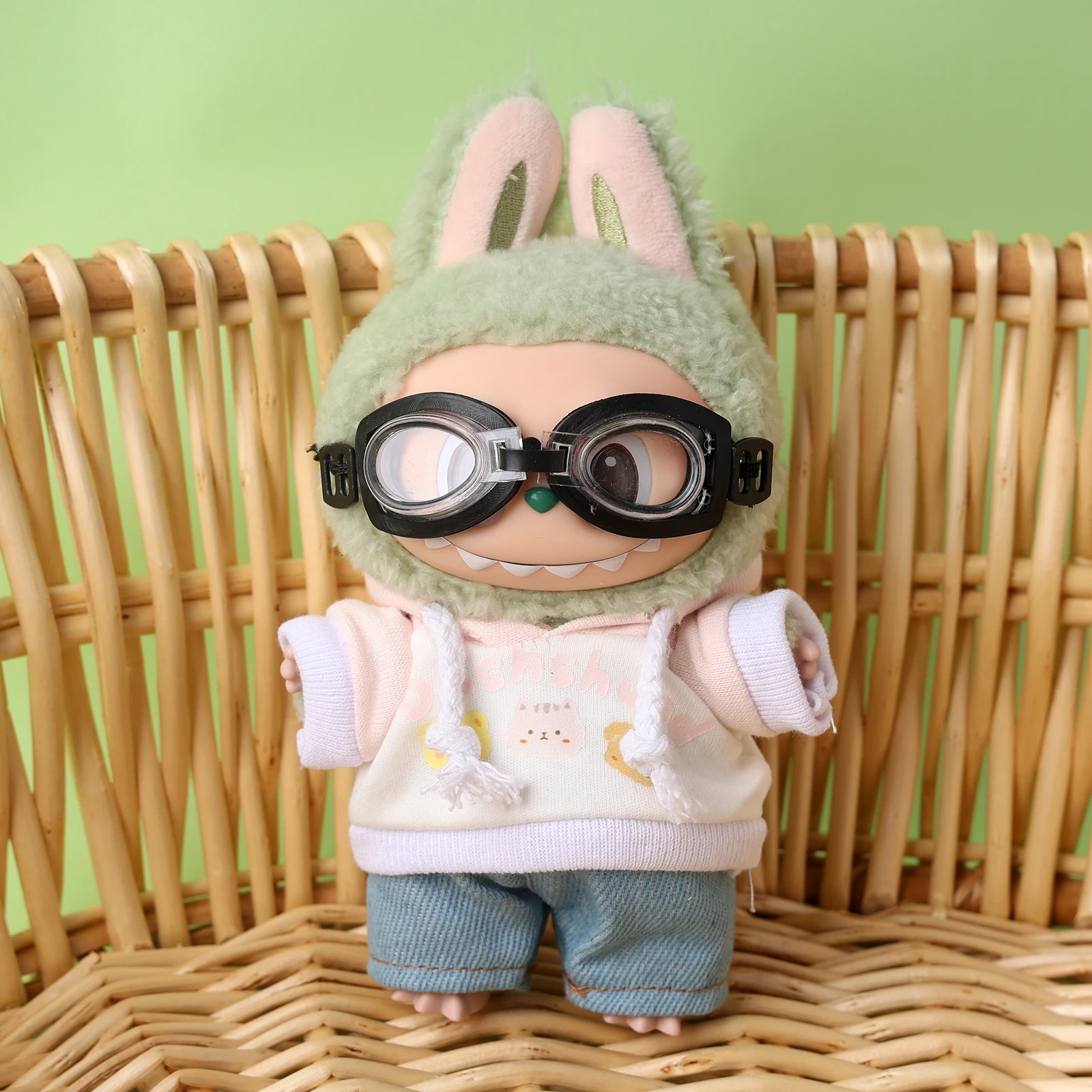 Cute 17cm Vinyl Doll Clothes for Labubu Exquisite Pink Hoodies Set Matching Glasses 3pcs Accessories Art Toy Collector Costume