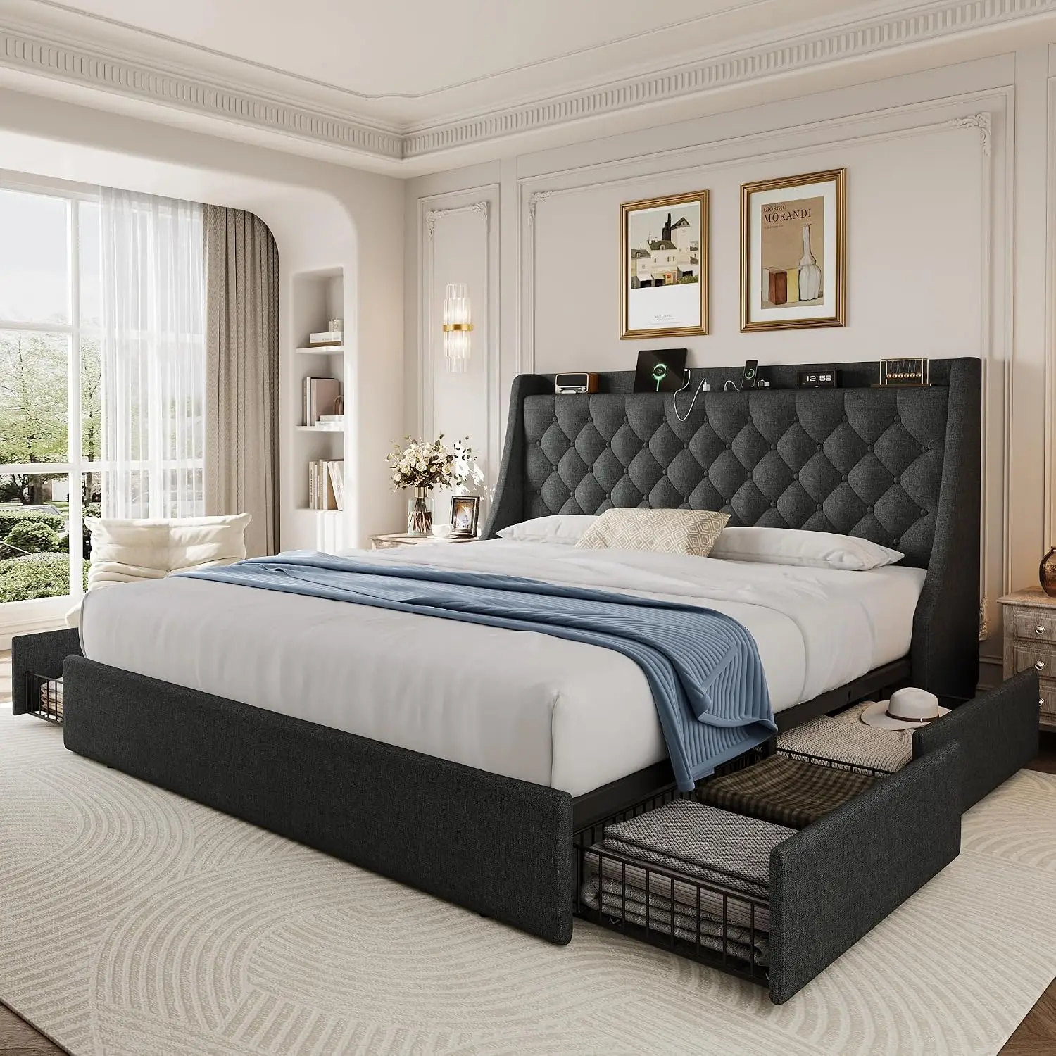 King Upholstered Bed with 4 Drawers & USB Charging, Tufted Wingback Headboard, Wooden Slats, No Box Spring, Grey, Customized