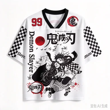 Ghost Slayer Blade Breathable Mesh Black and White Line Checkerboard Pattern Splicing Ink Comic Style Casual Loose Top