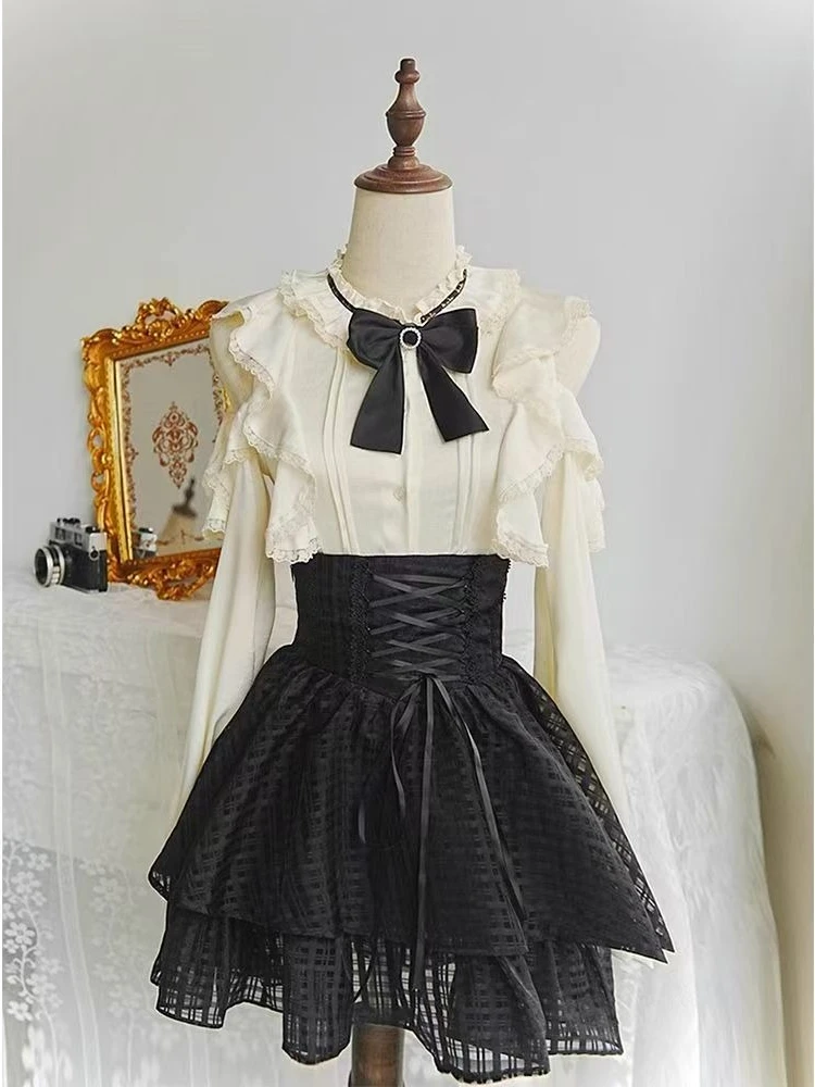 ダークゴシックボウロングスリーブサブカルチャースーツ新作オフショルダーレースツーピースセットレディースファッションスイートスリムレトロアウトフィット