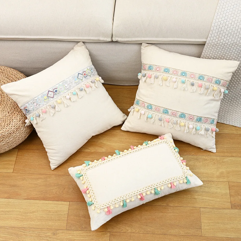 

Boho Fringe Patchwork Cushion Cover Gray Cotton Linen Tassel Pillow Cover Home Homestay Living Room Decorative Pillows for Sofa