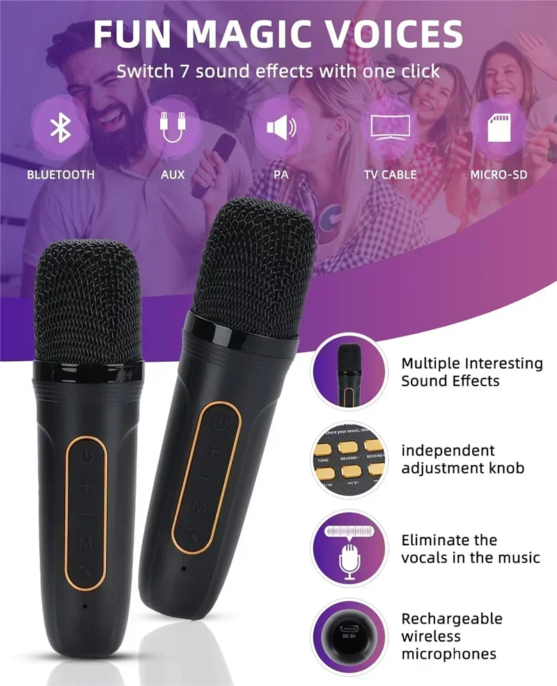 High Power Karaoke Bluetooth Speaker Portable 360 Stereo Surround Wireless Subwoofer with 2 Microphone Boombox Child Home Gift image 6