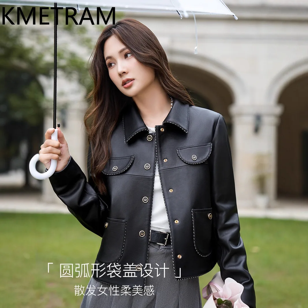KMETRAM Genuine Sheepskin Leather Jacket Woman Square Collar Short Autumn Coat Premium Real Leather Jackets Women Clothing 2026