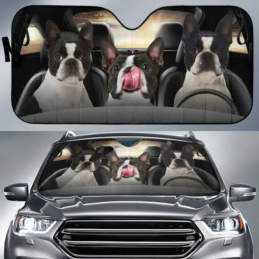 Boston terrier family driving dad mom and kids love dog car sunshade car windshield sunshade for uv sun protection car sunshade