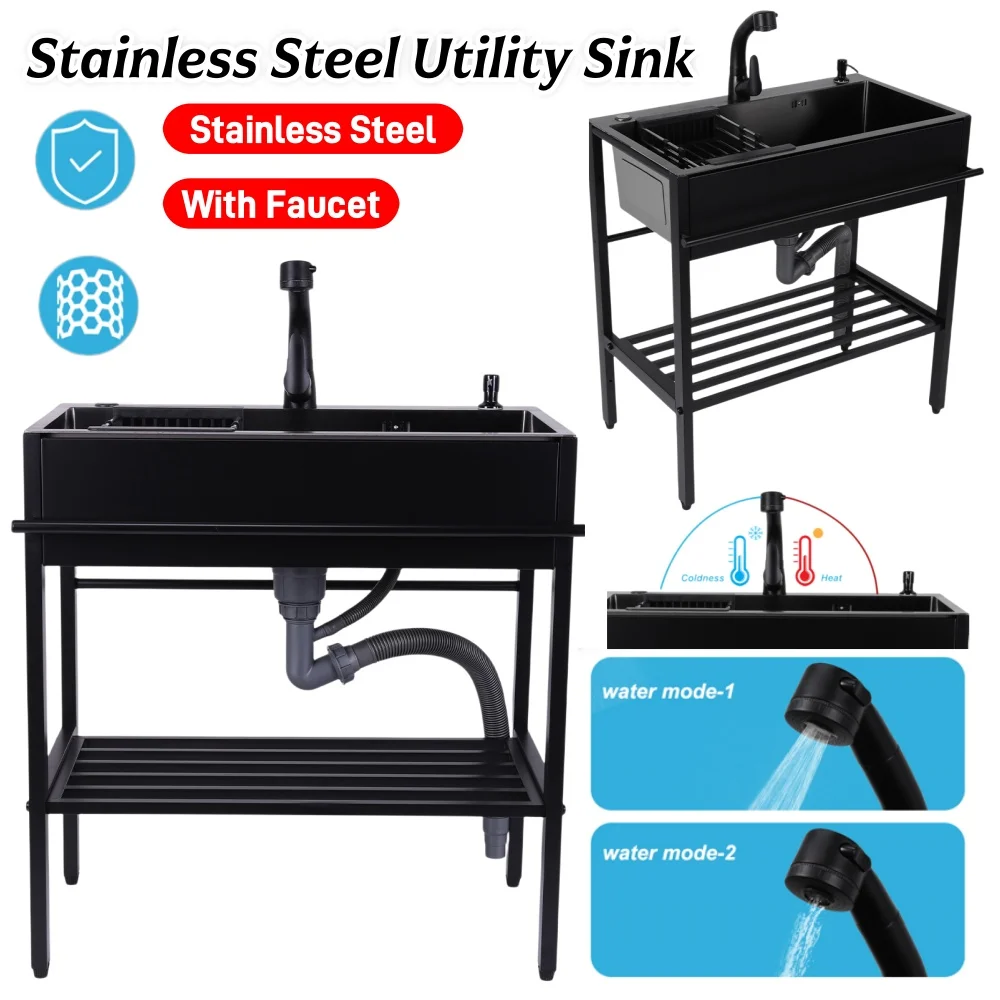 

Stainless Steel Utility Sink with Cold and Hot Water Faucet Hoses Drain Kit Commercial Restaurant Kitchen Sink Ourdoor Indoor