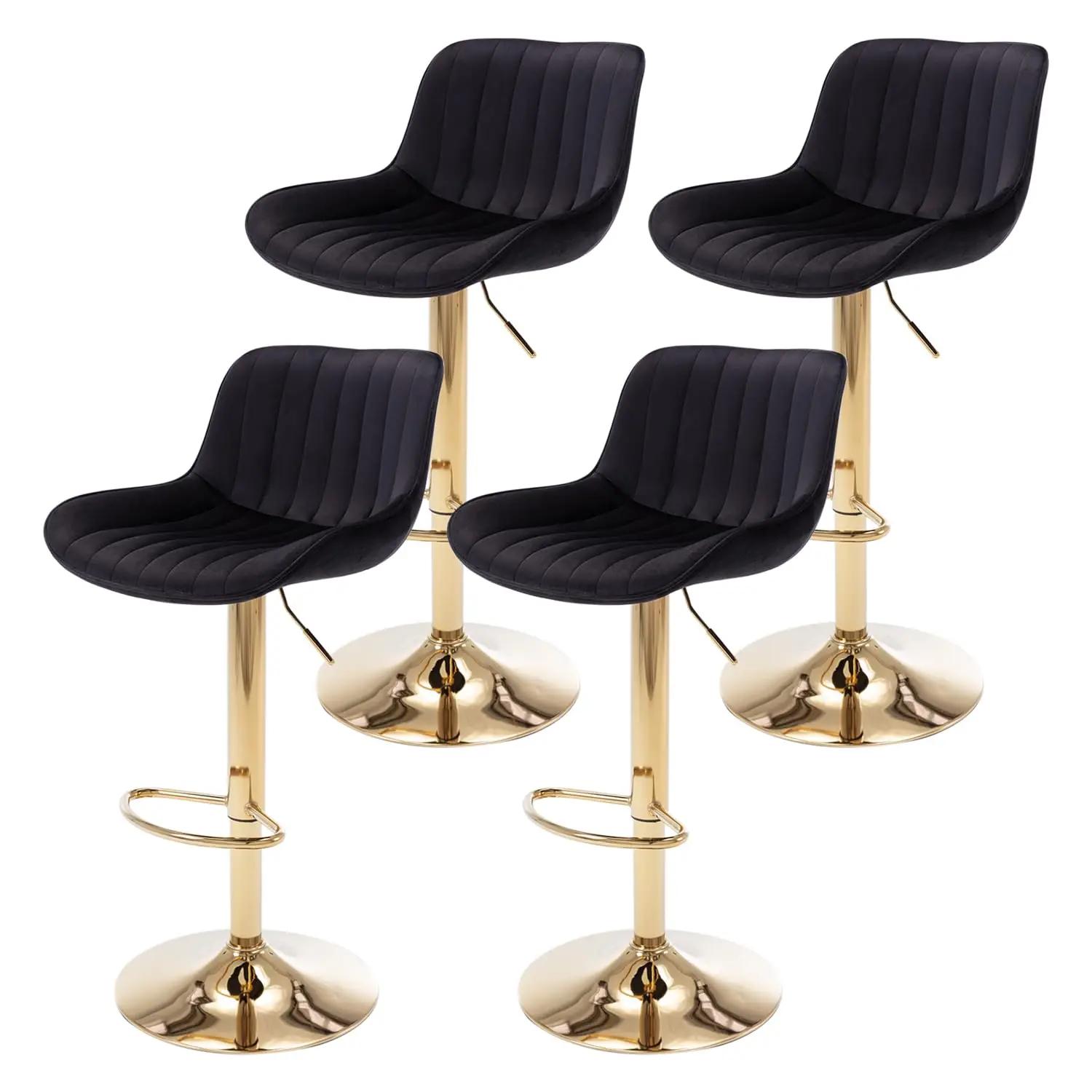 Velvet Swivel Bar Stools 4 with Back, Adjustable Height Gold Kitchen Island Pub Seating, Black Upholstered Armless Counter Chair