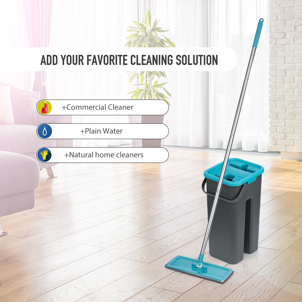 Flat Squeeze Mop with Spin Bucket Hand Free Wringing Floor Cleaning Microfiber Mop Pads Wet or Dry Usage on Hardwood Laminate