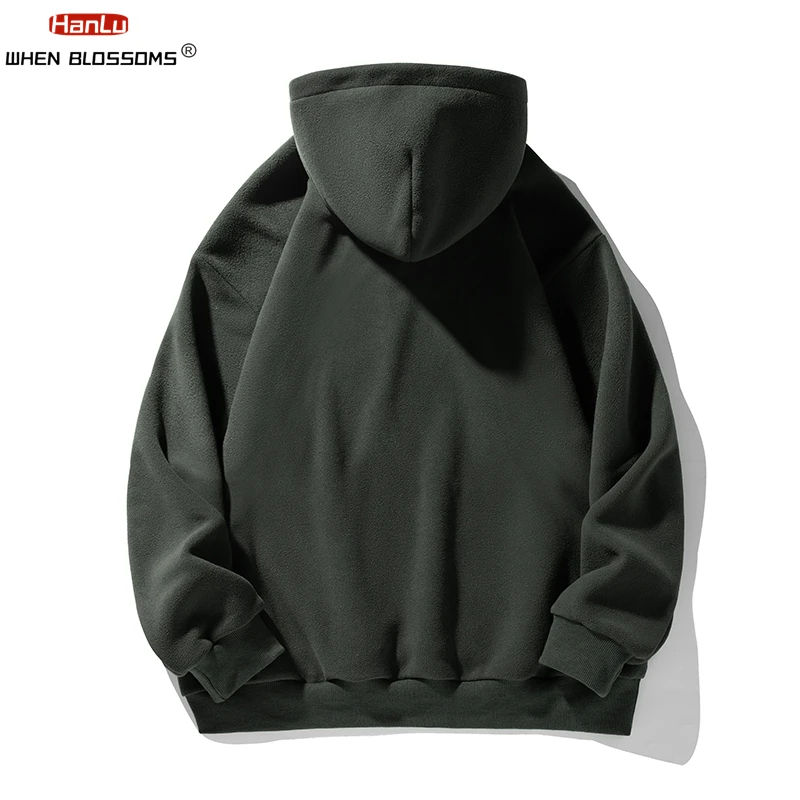 HANLU Half zipper Thick Fleece Hooded Sweatshirt For Men Autumn Winter Warm Solid Color Pullover Trendy Brand Hoodie Coats