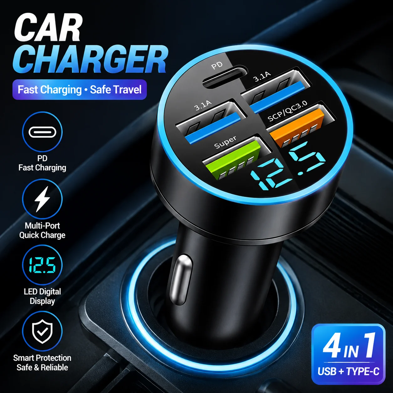 Schnelles Auto-Ladegerät mit USB PD Typ C und QC3.0 Anschlüssen, Schnell-Ladeadapter mit Digitalanzeige für iPhone und Samsung