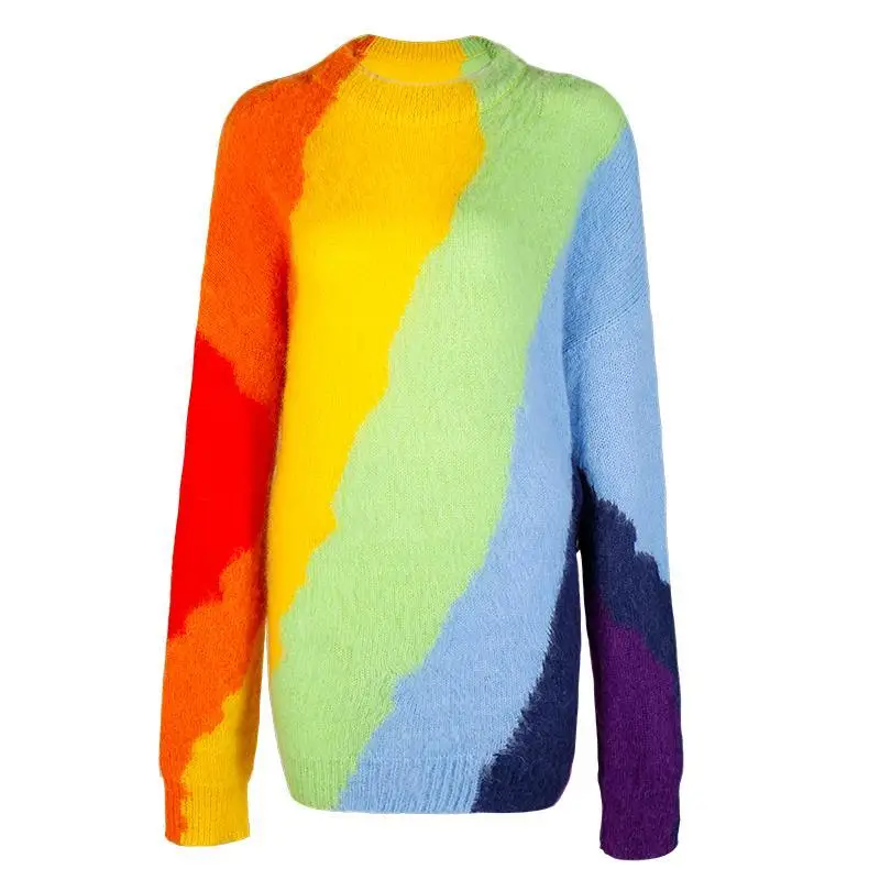 Women Sweater Autumn Winter Long Rainbow LOOSE O-Neck Full High Street Soft Mohair Fashion Women Sweater Luxury