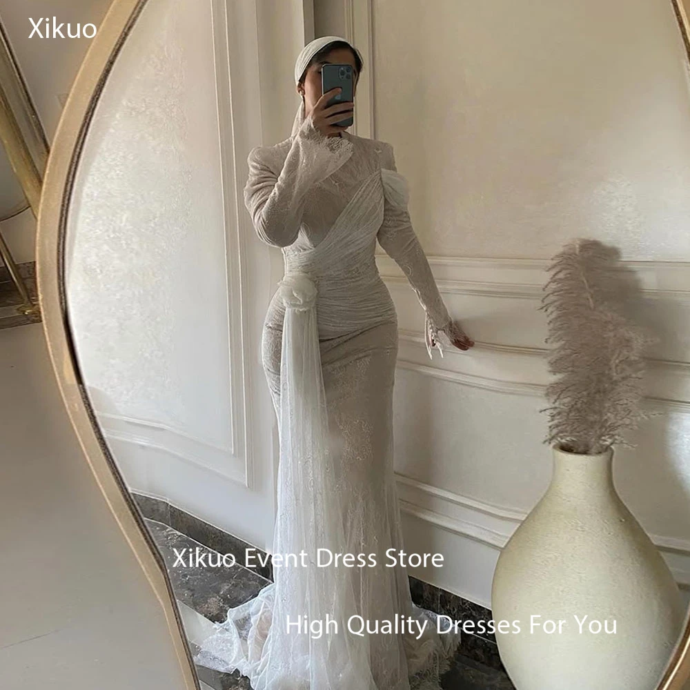 Xikuo grazioso abito da sera in pizzo sirena pieghe maniche lunghe Arabia Saudita abito da ballo o collo appliques Robe De Soirée personalizzato