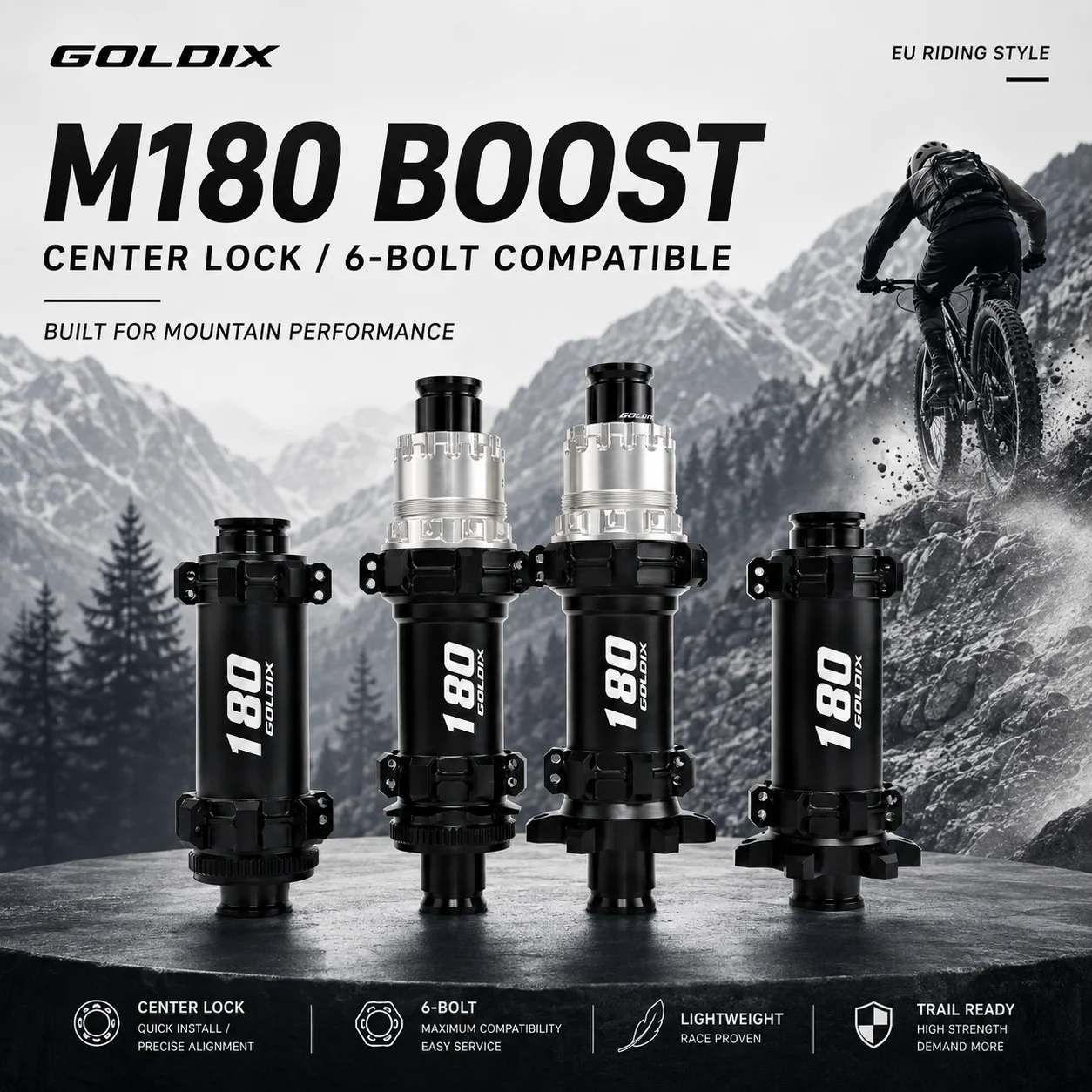

GOLDIX M180 MTB Hub 24/28H 60T Helical Ratchet Center Lock 6-Bolt Disc Boost Thru Axle HG XD MS