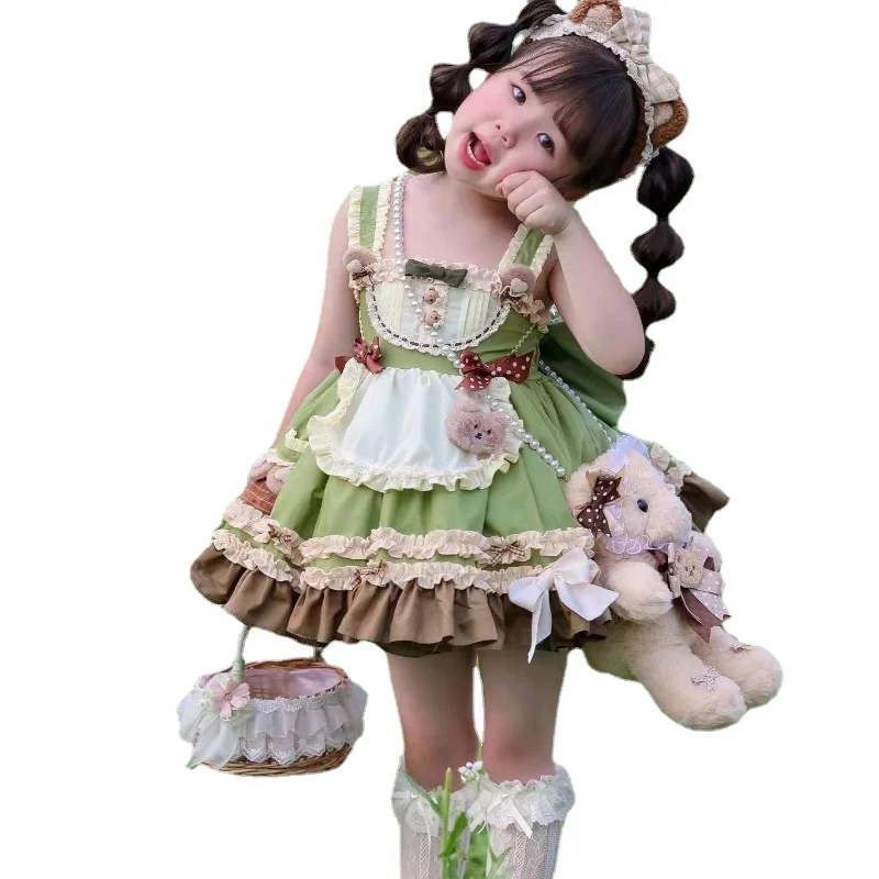 Handmade Matcha Green Bear Lolita Summer New Sling Luolita Joker Princess Skirt Girl Cute Skirt Flower Girl Dresses