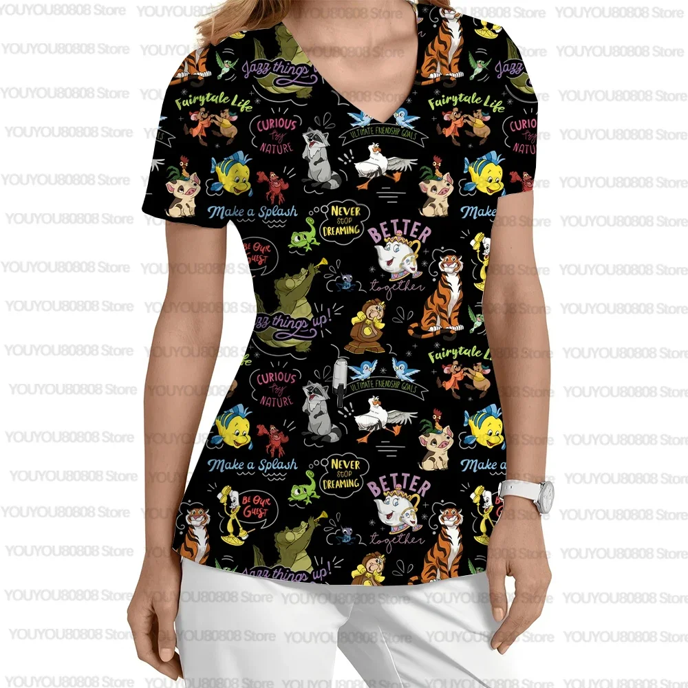 

Summer Disney cartoon pattern clinic hospital dental care nurse uniform printed T-shirt V-neck pocket short-sleeved scrub work