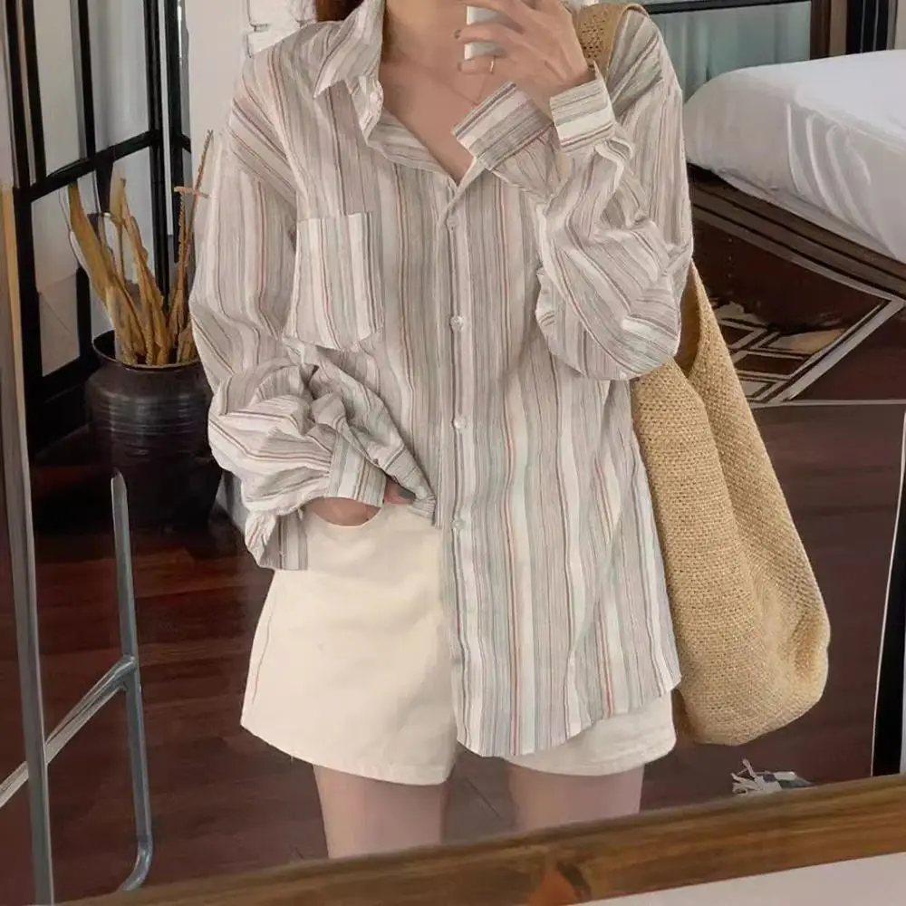 Sun Protection Pink Striped Blouse Elegant Long Sleeve Oversize Tunic Tops Spring Summer Turn-down Collar Women Shirt