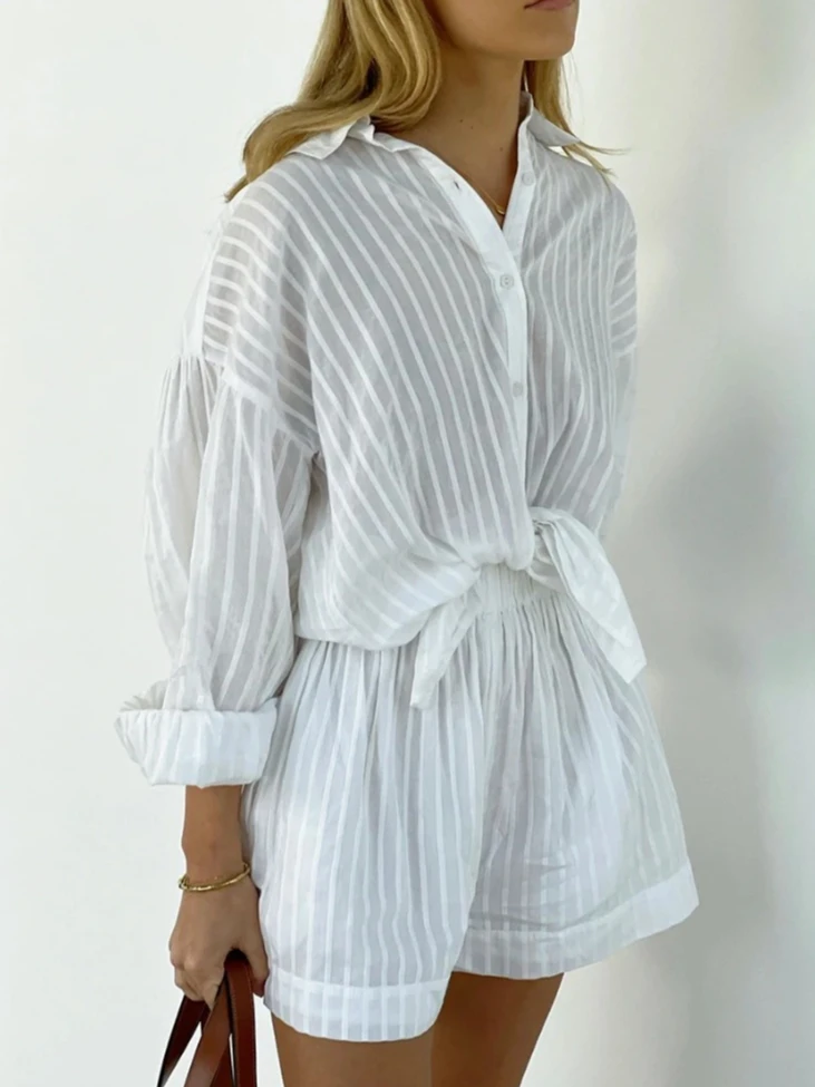 مجموعات السراويل غير رسمية مخطط الجاكار 2 قطعة مريحة التلبيب فانوس كم قميص الصيف الزي مرونة الخصر السراويل الدعاوى #6