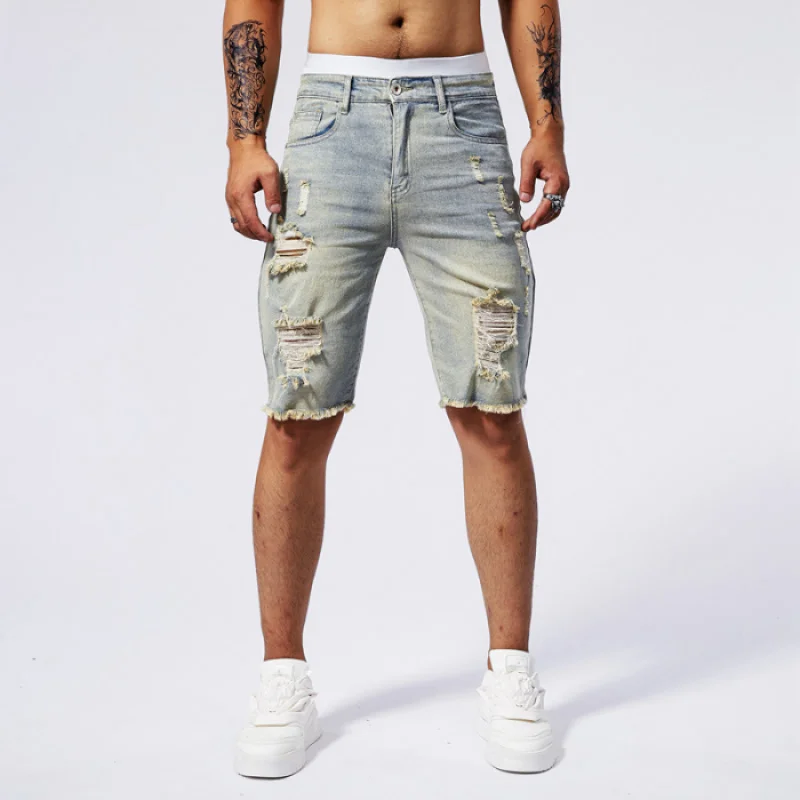 Retro washed nostalgic distressed denim shorts for men\'s summer slim fit stretch street fashion trend casual capris