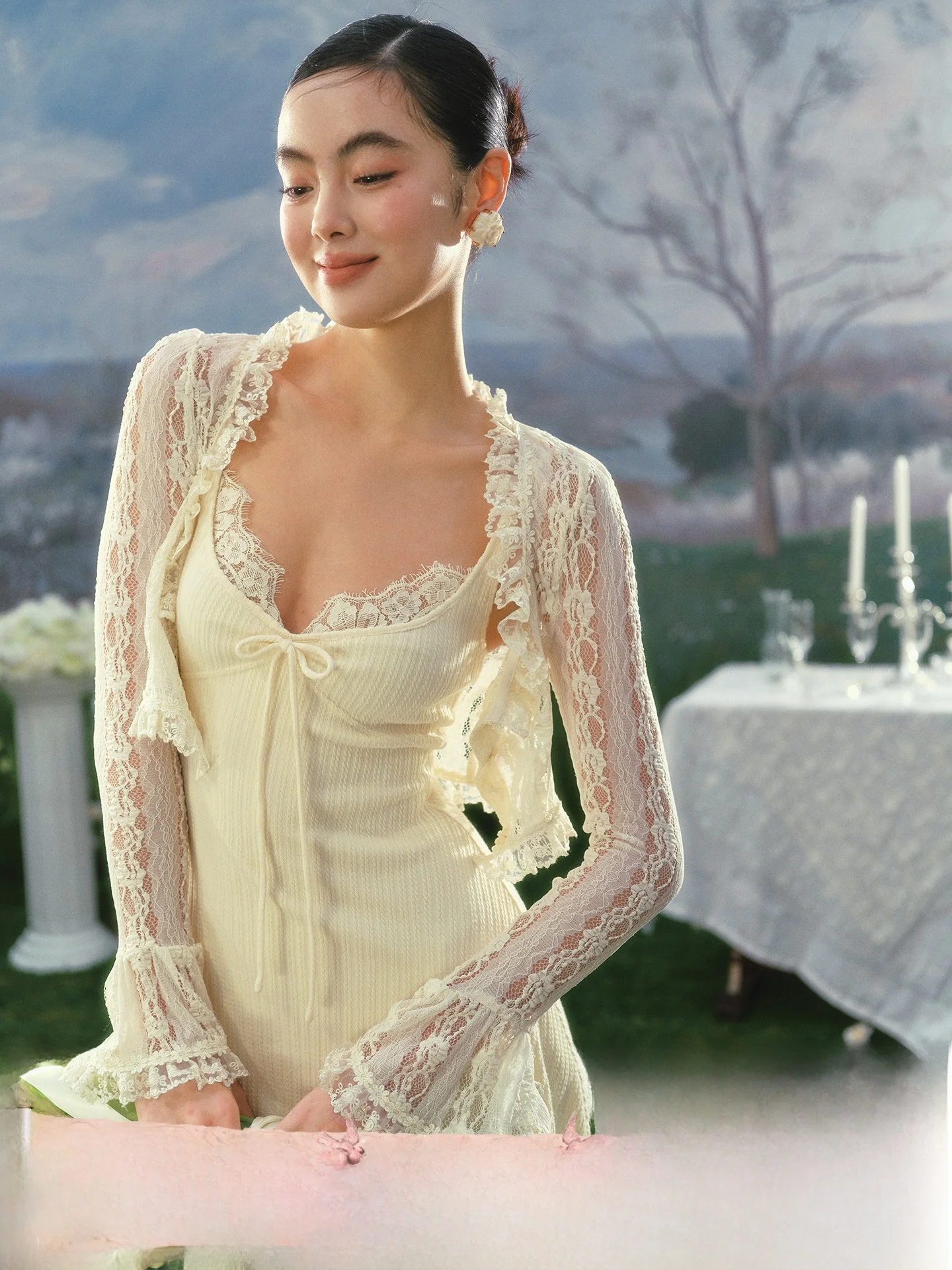 

Ele Vintage White Lace Sve Long Cardigan Women's Spring Faion Thin Elastic High Quali Lace irt Commute Suitable