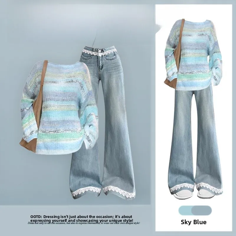 

2026 Winter New Korean Sle round Ne adient Stripe Lazy Knitted Sweater And Straight Leg Jeans Two Piece Set Women's Fas...