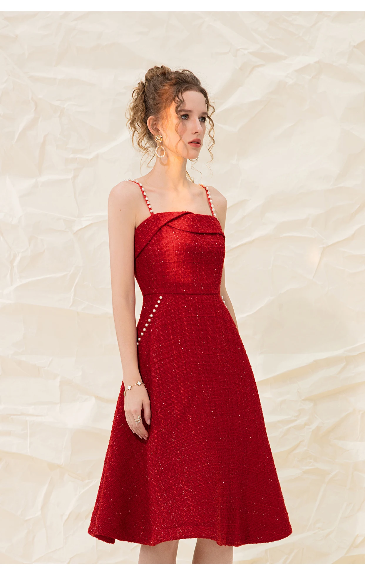 Vestido retro de tweed con perlas, traje rojo para mujer, vestido swing para invitados de boda