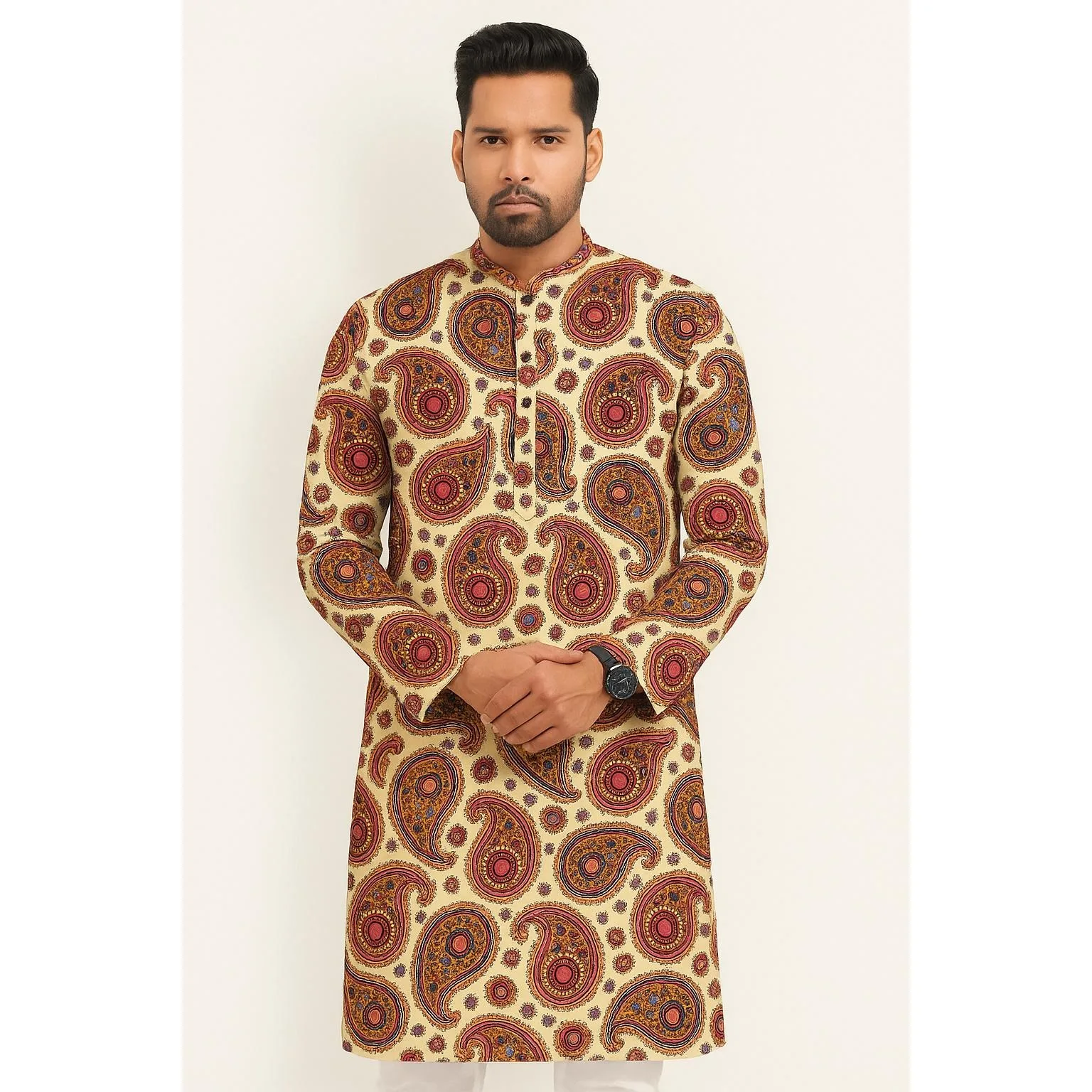 الوقوف طوق قميص مسلم الرجال الملابس الشعبية قفطان Musulman Kurta الملابس الإسلامية الوطنية ملابس منقوشة بكم طويل قمصان