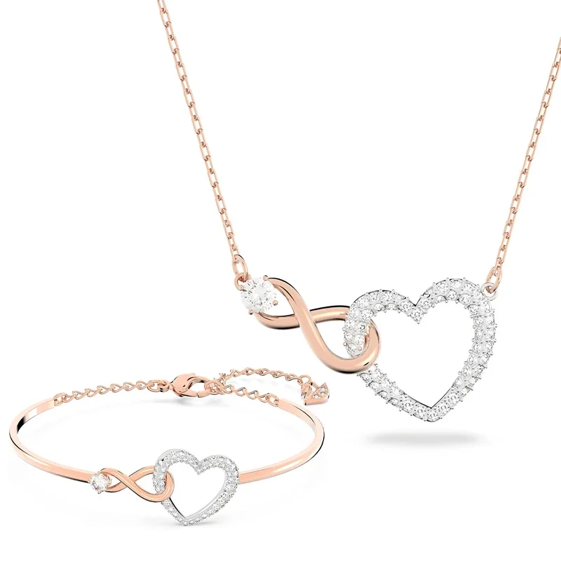 Classic Infinity Symbol Heart Jewelry Set Necklaces and Bracelets Rose Gold Rhodium Tone Finish Clear Crystals Fine Jewelry