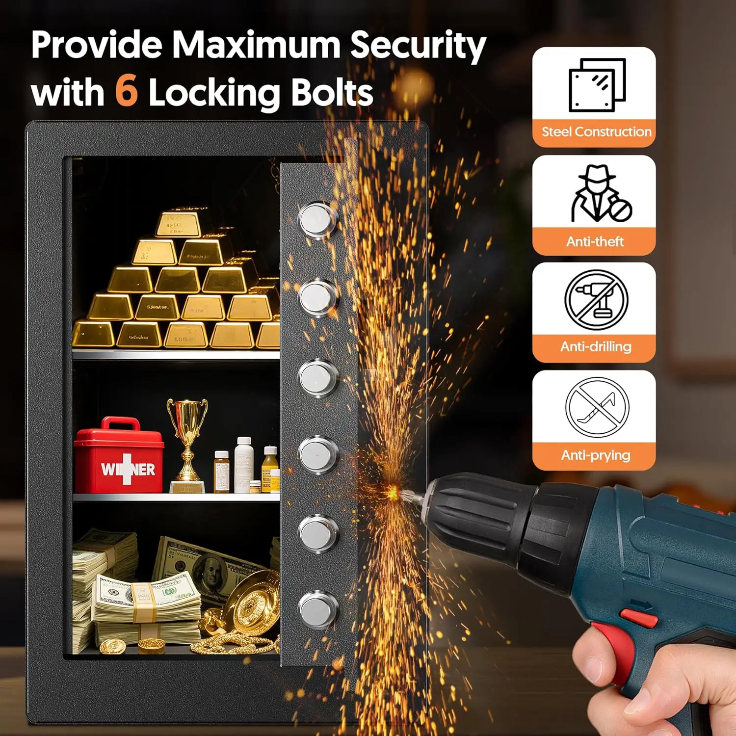 3.0 Cubic Feet Home Safe, Anti-theft Electronic Safety Lock Box with Fireproof Waterproof Bag for Cash Valuables Documents, Stee