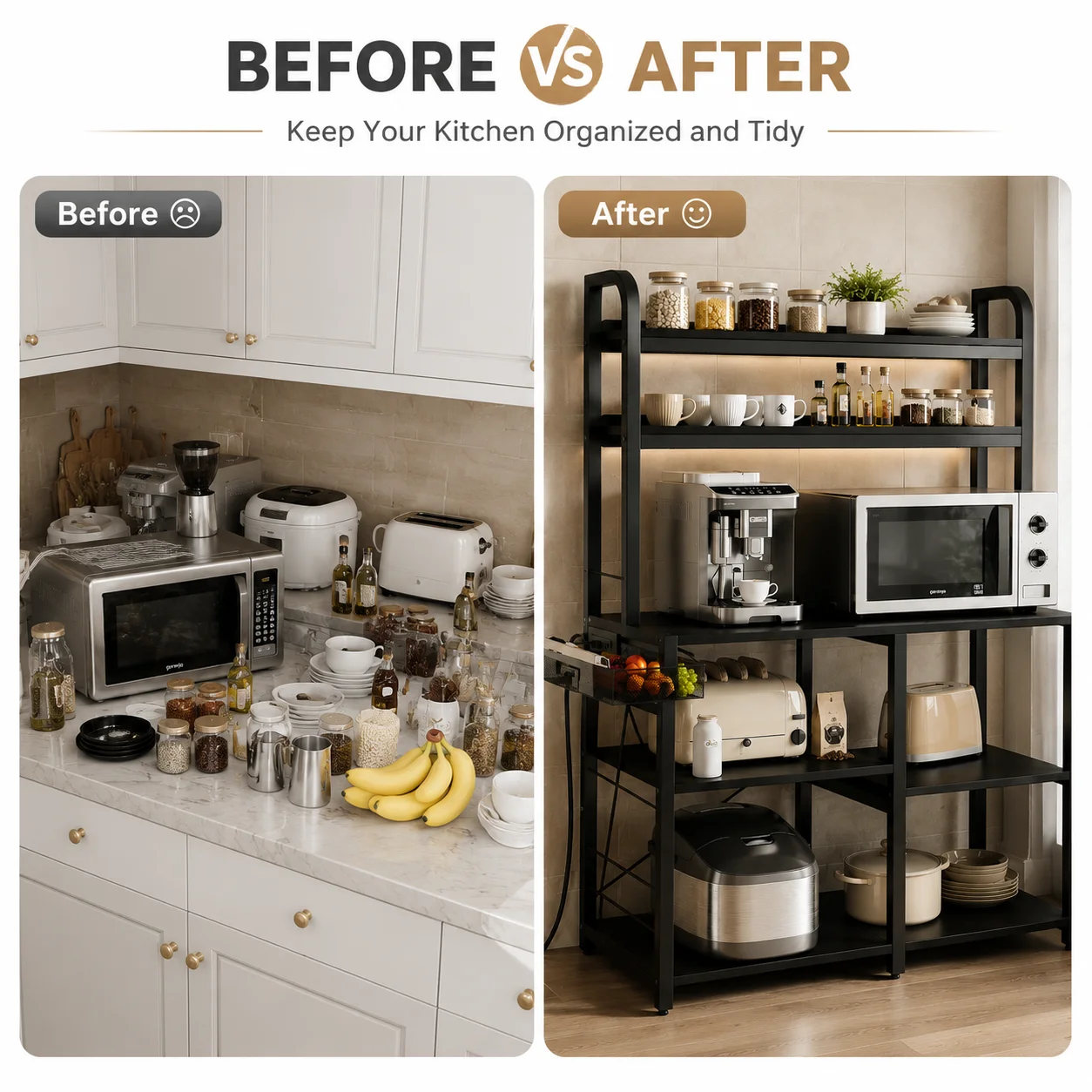 6 Tier Black Baker Rack with Power Outlet, Kitchen Microwave Stand Coffee Bar Station with Wire Drawer & Storage Basket, Large Freestanding Kitchen Organizer Shelf with MDF Board and Steel Frame for Cookware Spices Dining Room Office