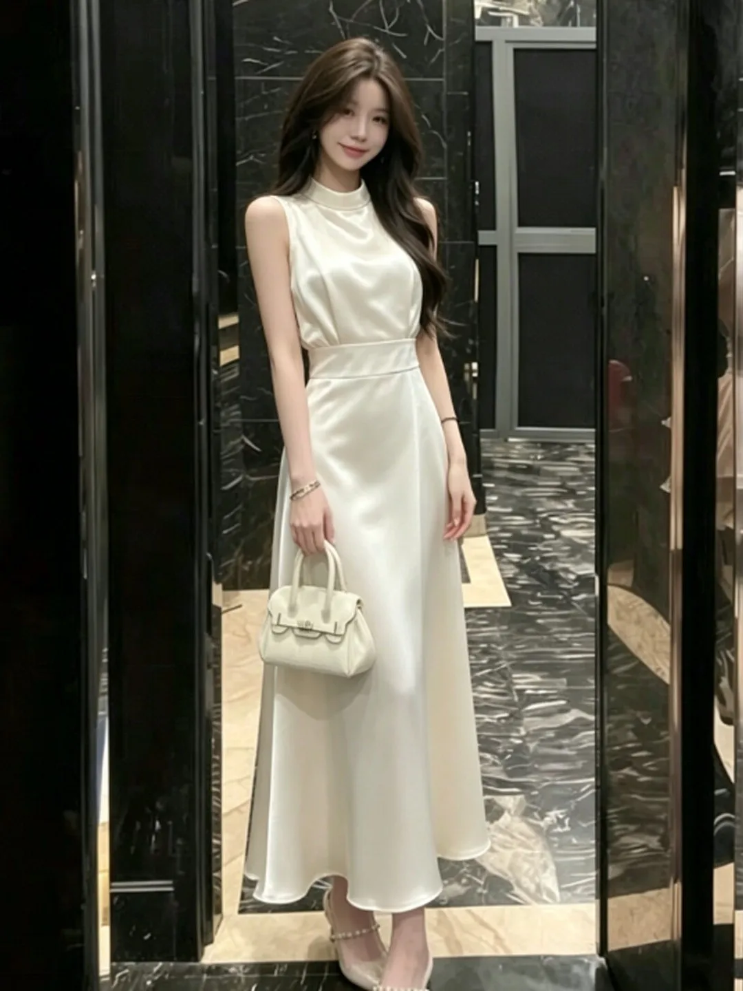 

Elegant Slimming Waist Design Fairy Skirt Dress Cotton Soft Fabric No Sleeve V-Neck Summer Fashion Casual City Commute