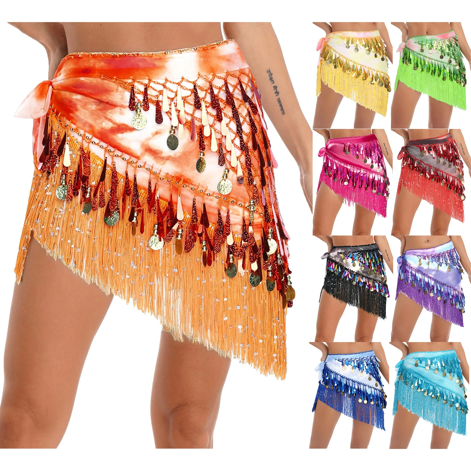 

Womens Belly Dance Hip Scarf Sequined Tassel Exquisite Pendant Triangle Hip Skirt Lace-up One Piece Waist Chain Dance Costumes