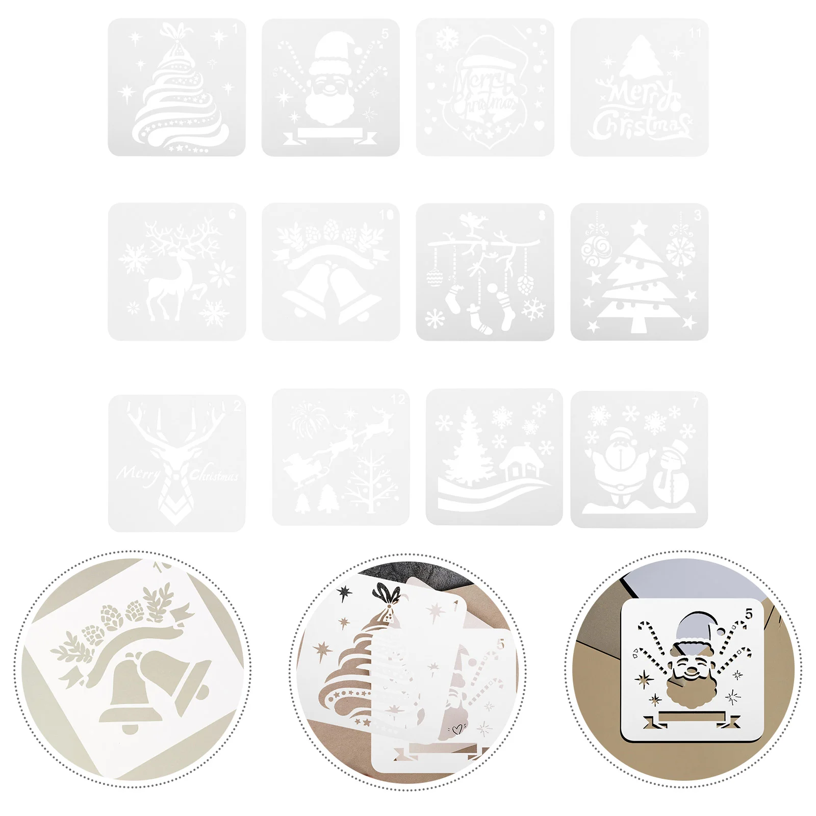 

12pcs Christmas Elements Painting Template Drawing Tool Cartoon Hollow Painting Stencils Education Learning Toys White