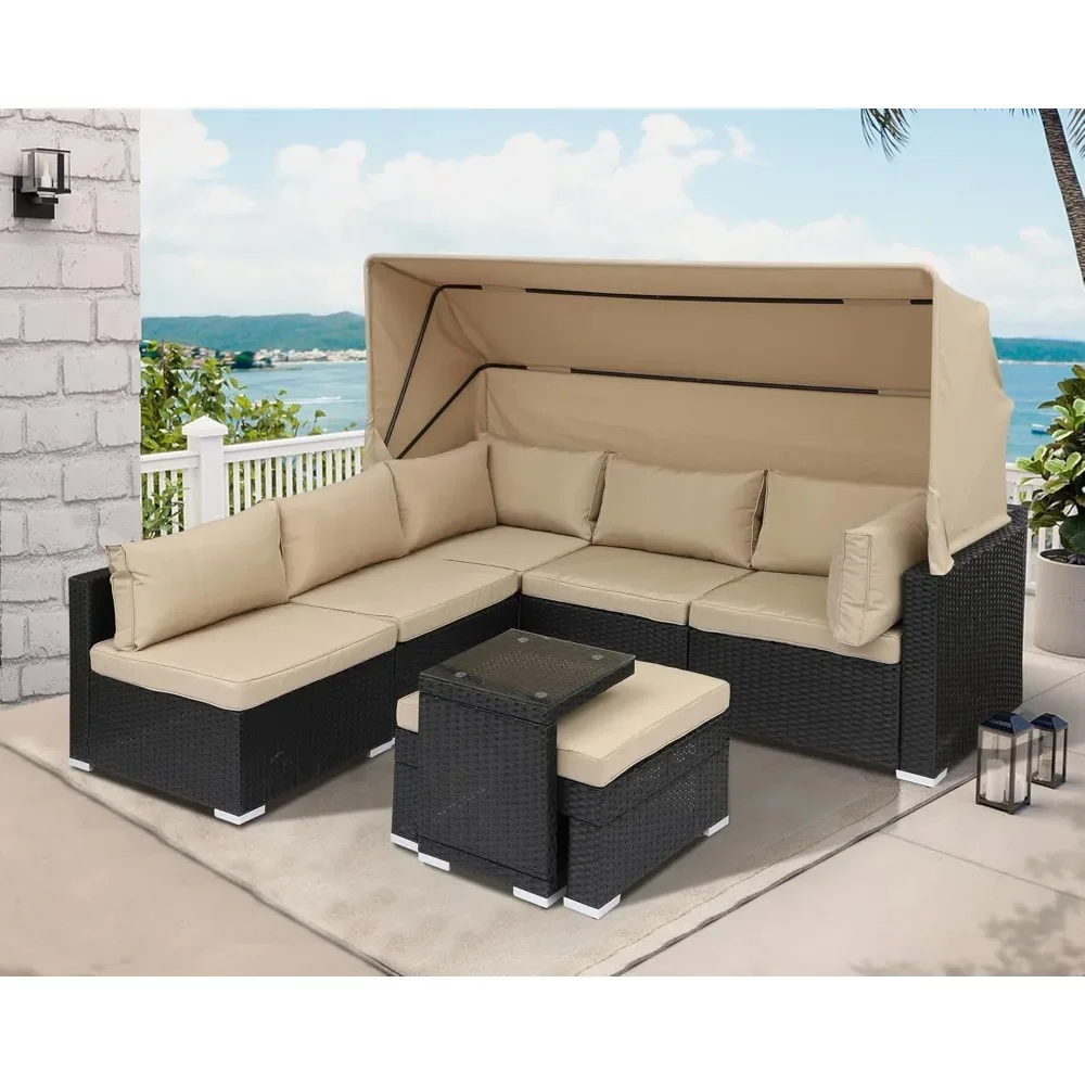 

Rattan Furniture Daybed with Canopy 7 Pieces Outdoor Day Bed Wicker Sectional Sofa Set Patio Furniture Set with Adjustable