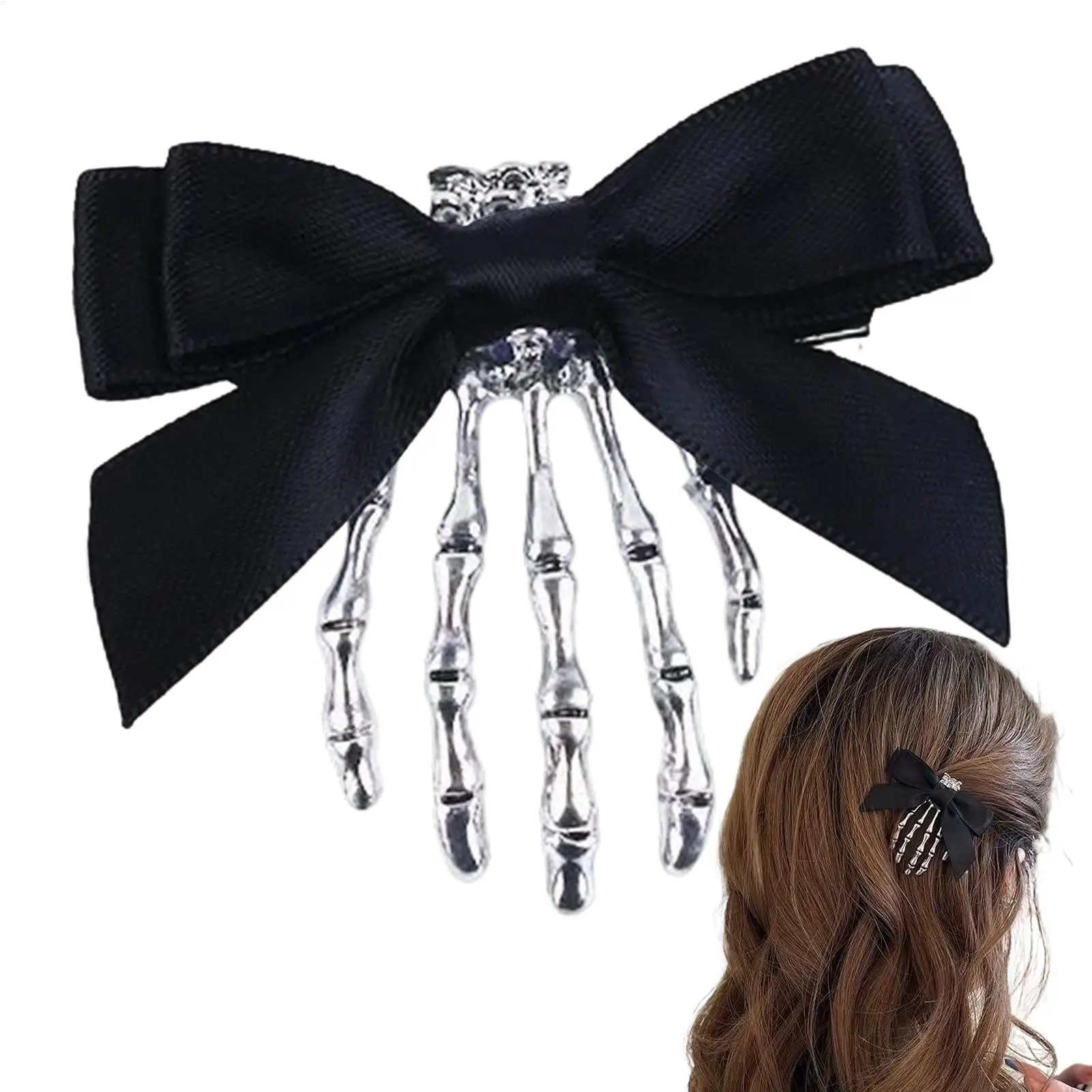 Gothic Skeleton Hand Hair Clips Skull Bowknot Duckbill Barrettes Bone Hair Clip Halloween Retro Duckbill Hair Clip Girl headwear