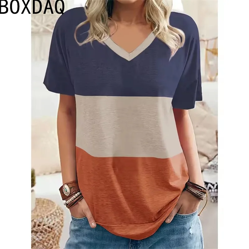

Women Short Sleeve V-Neck T-Shirt Fashion Simple Colorful Stripe Printed Spliced Tops Big Size 3XL Female Summer Casual T-Shirt