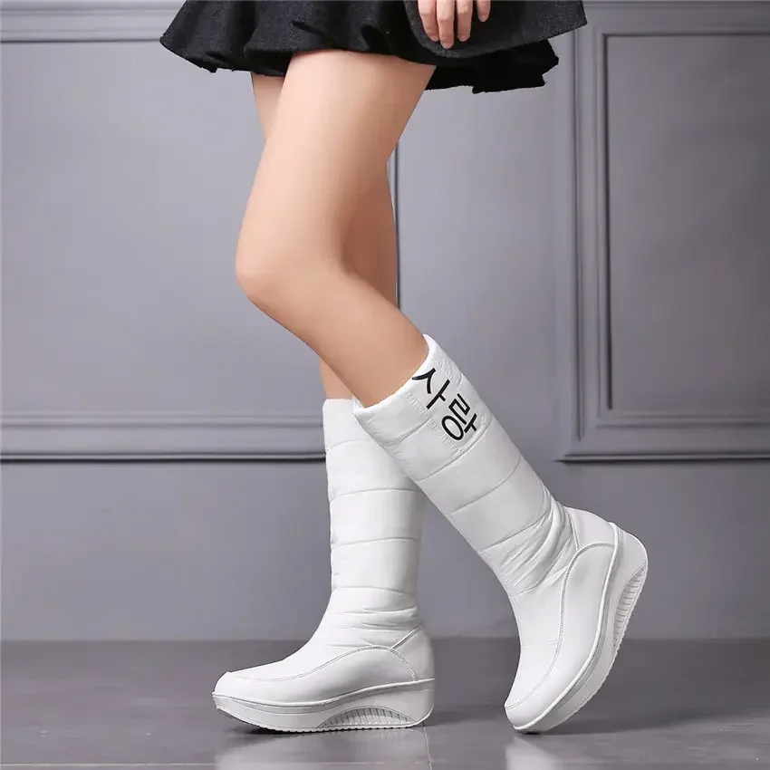 Winter Warm Plush Women Snow Boots Platform Wedge Heel Round Toe Red White Down Casual Outdoor Ladies Slip-on Fur Mid-calf Boots