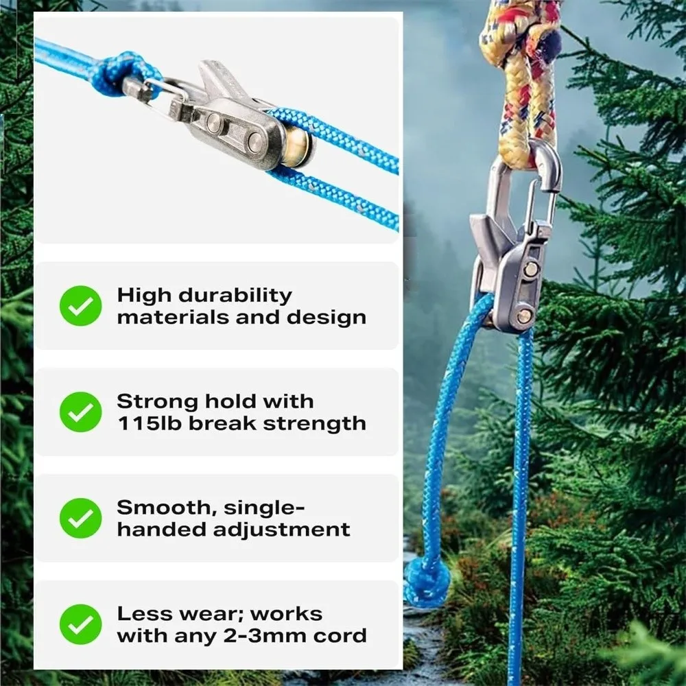 New Knot-Free Rope Tensioner Roller Heavy-duty Paracord Adjusters Easy Operation Locking Tie-Down Tool Camping