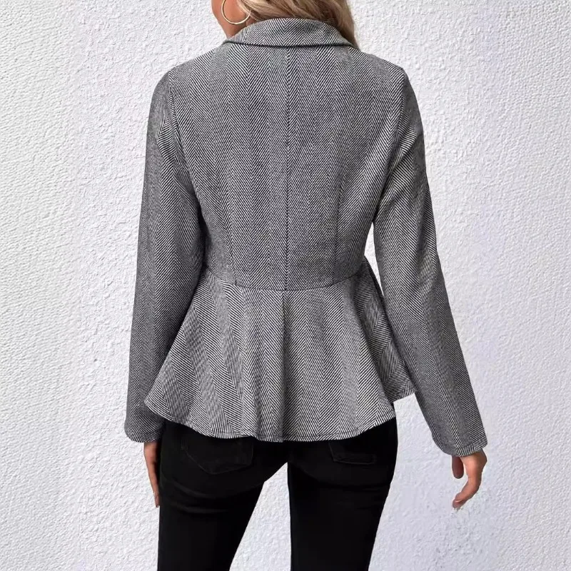 Blazer à manches longues à volants pour dames, rayé imbibé, double boutonnage, slim imbibé, vêtements d'extérieur élégants, printemps, automne, nouveau, mode