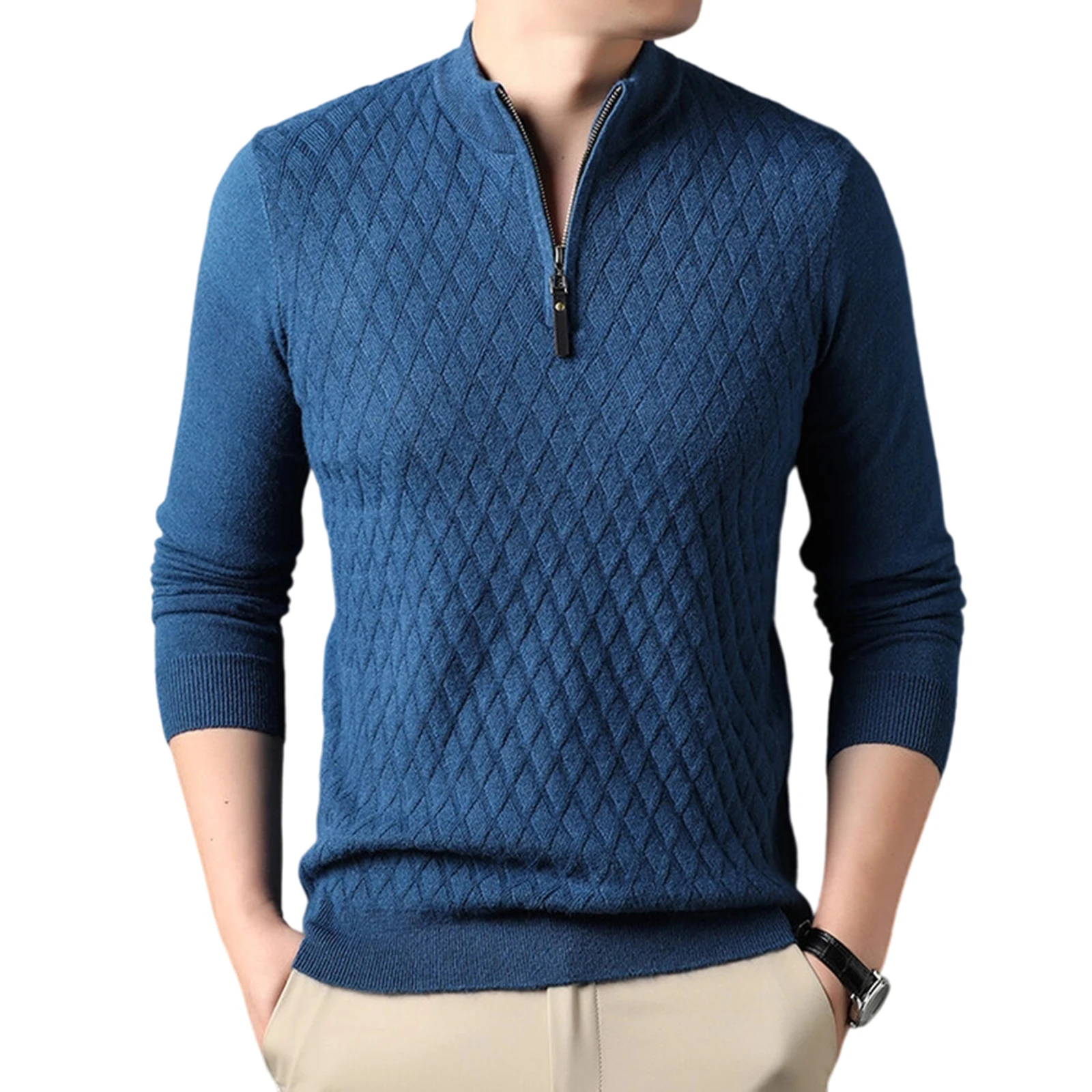

Men'S Trendy Casual Solid Color Half Zipper Stand Up Collar Knitted Sweater Comfortable Pullover For Outdoor Daily Wear