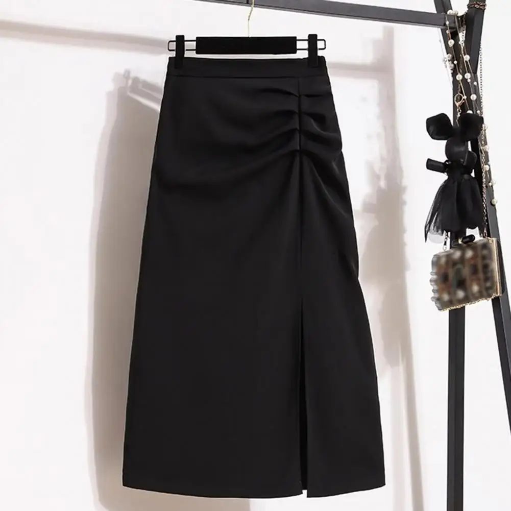 

Women Midi Skirt Stylish Women's Midi Skirts High Waist A-line Design Side Slit Shirring Hip Wrapped Skirt for Work for Daily