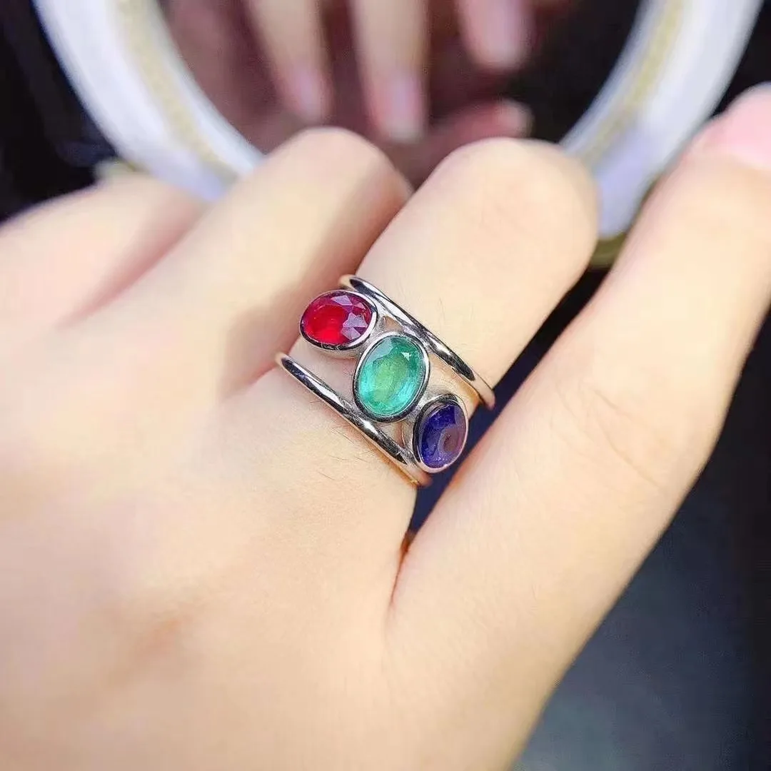 FS Natural 5*7 Emerald Sapphire Ruby/Opal Ring Real S925 Sterling Silver Fashion Fine Weddings Charm Jewelry for Women MeiBaPJ