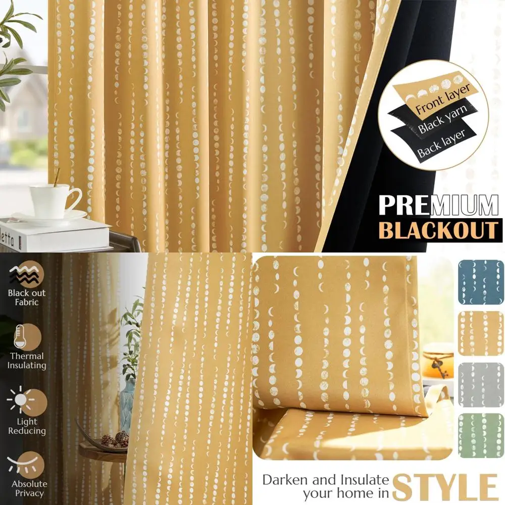 

Thermal Insulated Mustard Boho Curtains with Moon Phases Print, 96" Long for Bedroom