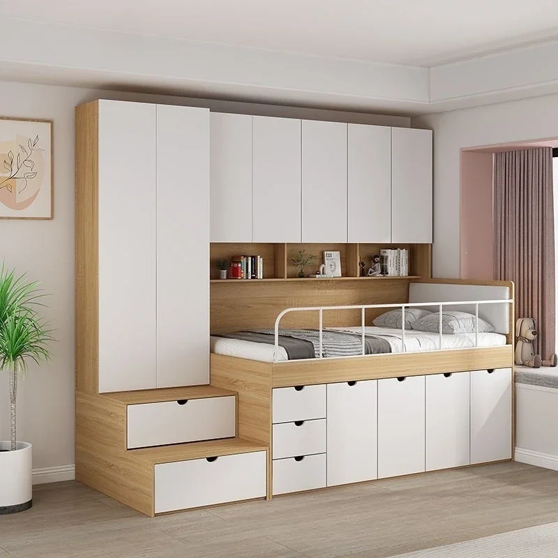 Half-height bed with side cabinet Small apartment Children's high box bed Wardrobe combination Multifunctional Chinese style