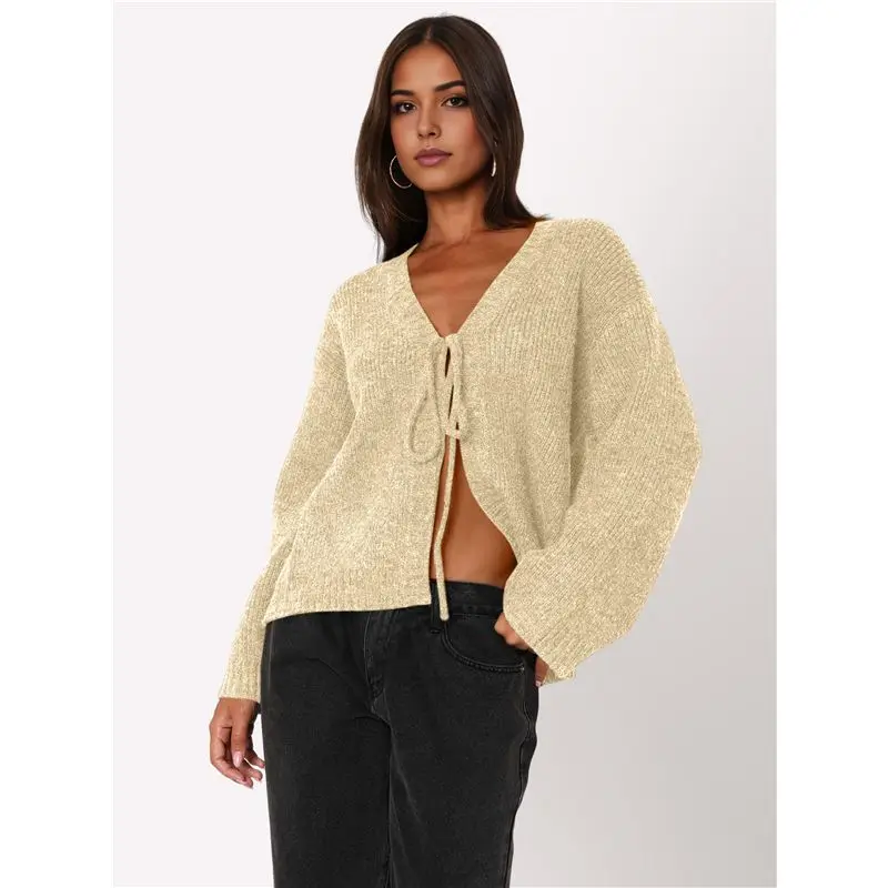 GROCE-سترة صوفية مقصوصة من الأمام للنساء برقبة على شكل حرف v مفتوحة من الأمام سترة كروشيه مضلعة متماسكة