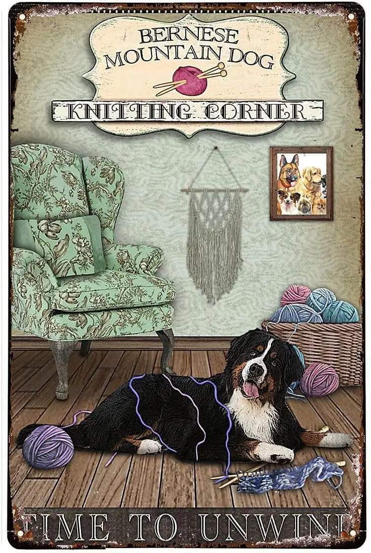 Tin Sign Knitting Corner Bernese Mountain Dog Retro Film Metal Sign, Bathroom Plate Wall Plaque