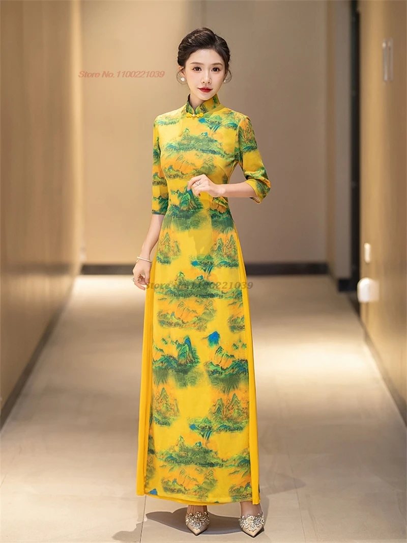 2025 chinese improved qipao dress vintage flower print cheongsam vietnam ao dai dress elegant party dress oriental retro qipao