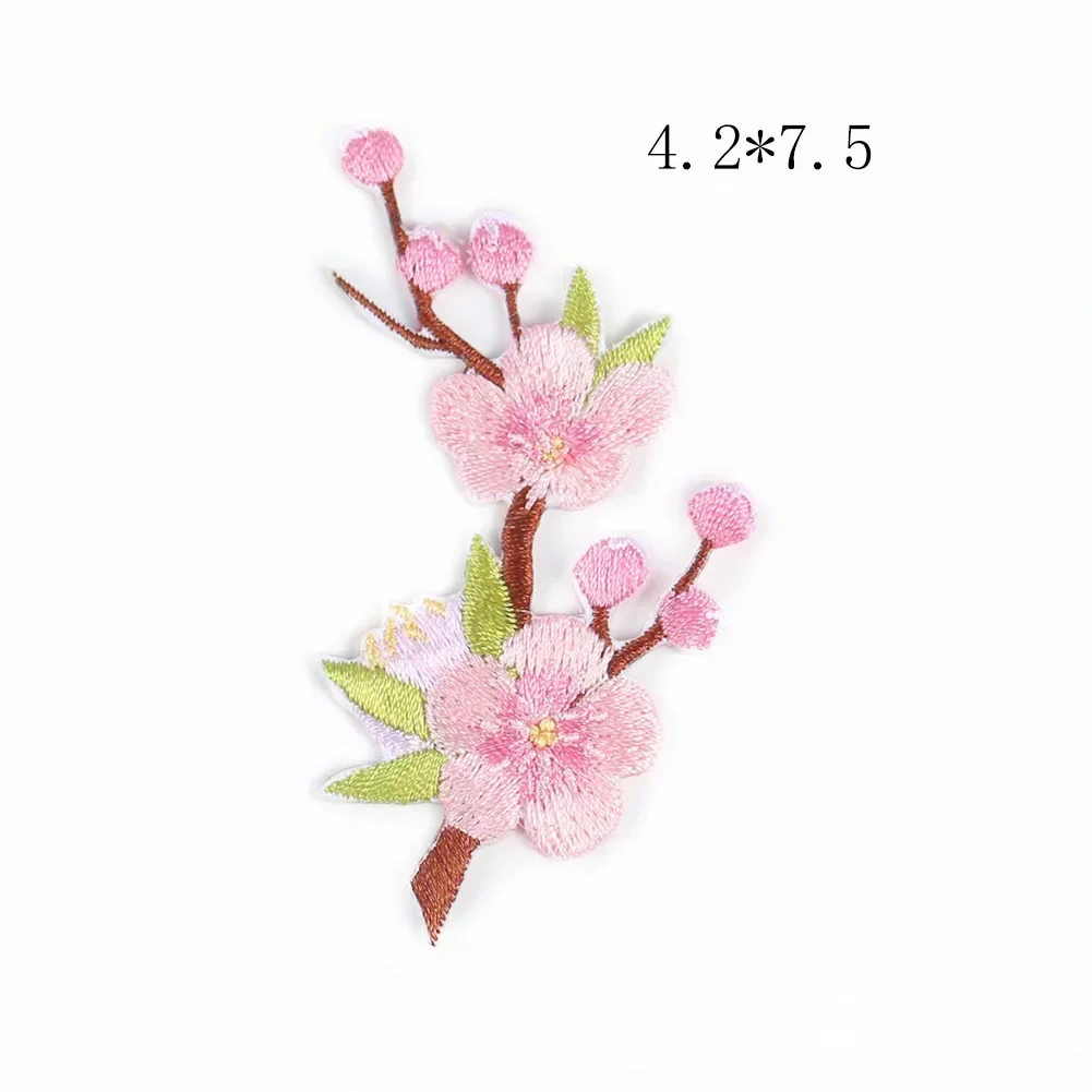 Pink Flowers with Branch Embroidered Appliques for Clothing Peach Blossom Exquisite Iron on Patches Woman Shirt Pant DIY Decor