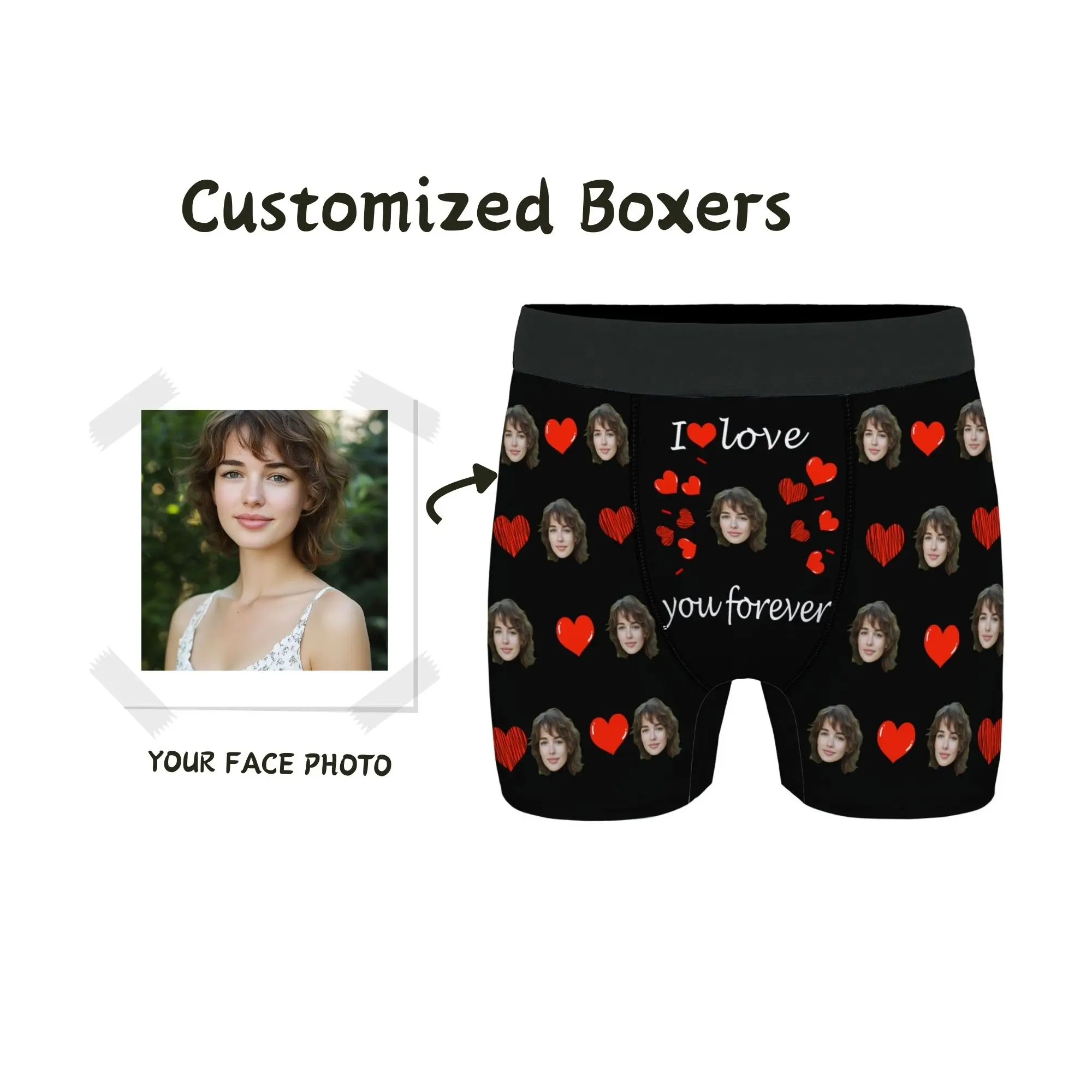 

Персонализированный подарок на годовщину для парня, мужа, трусы-боксеры с индивидуальным лицом, черное, красное сердце с буквенным принтом «Я люблю тебя навсегда»