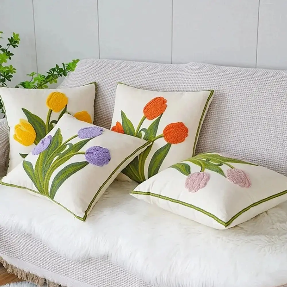 45x45CM Embroidered Tulip Throw Pillow Cover Pastoral Style Living Room Sofa Cushion Waist Cover Simple Decorative Pillowcase