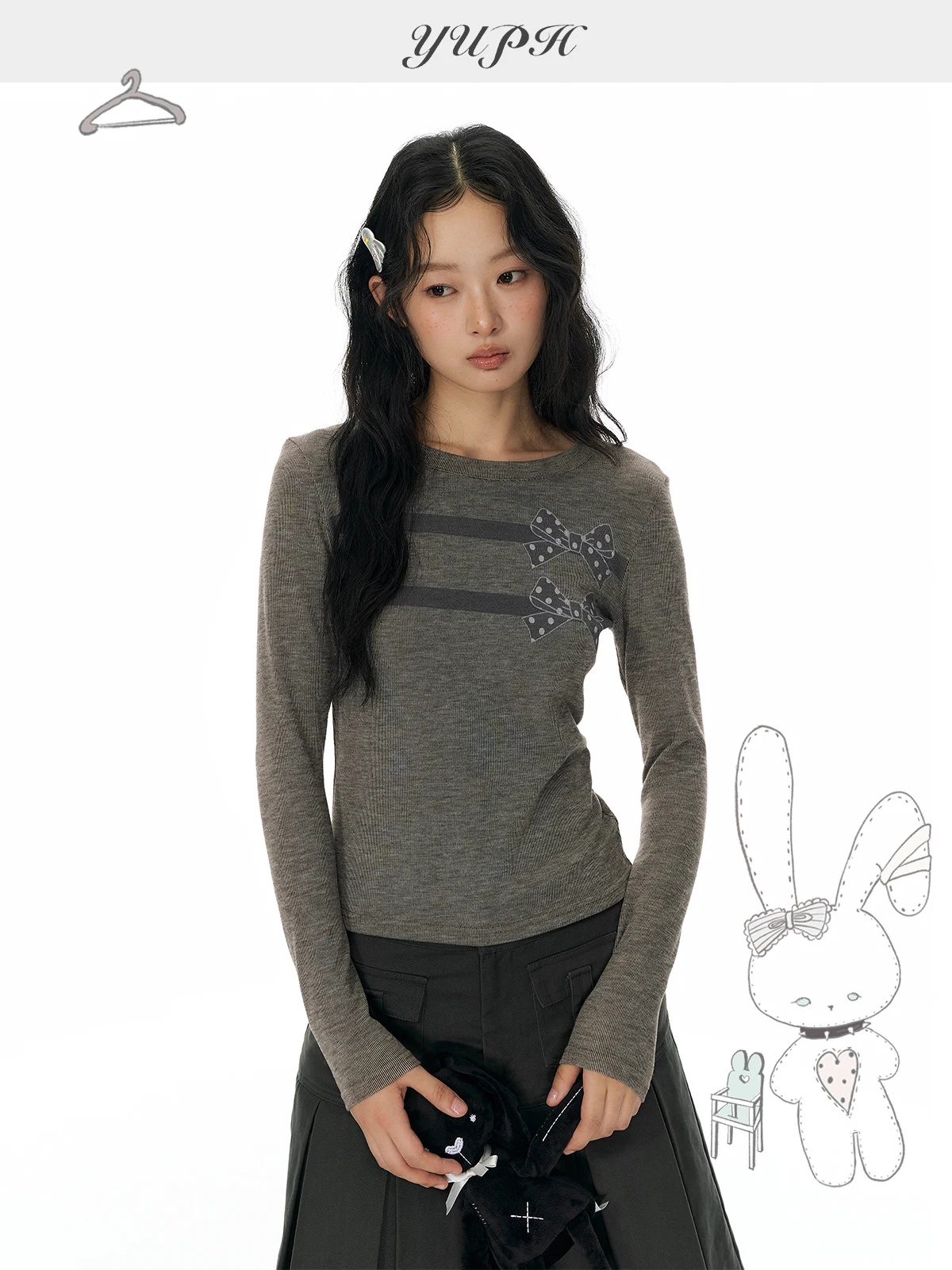 YUPH Skin-friendly Long Sleeve T-shirt  Knot Printed Cashmere-like Base Shirt Slimming Effect Korean Style Women's Tee